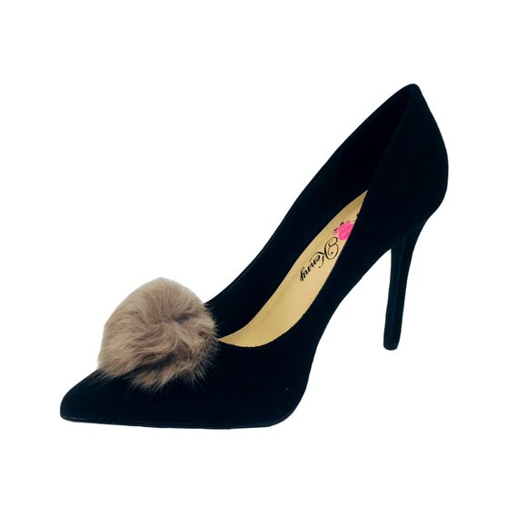Penny Loves Kenny Manner Vegan Suede Pom Pointed Toe Pump Heels Black 11 Wide - Picture 2 of 8